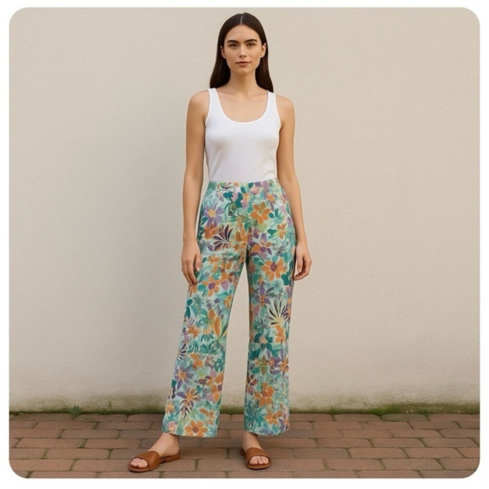 ETCETERA cotton-linen tropical floral wide-leg pants - size 8